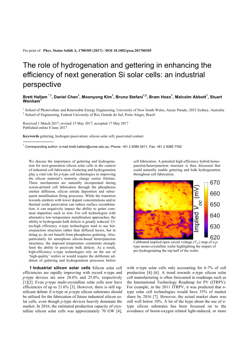 UNSW research on hydrogenation and gettering from an industrial perspective